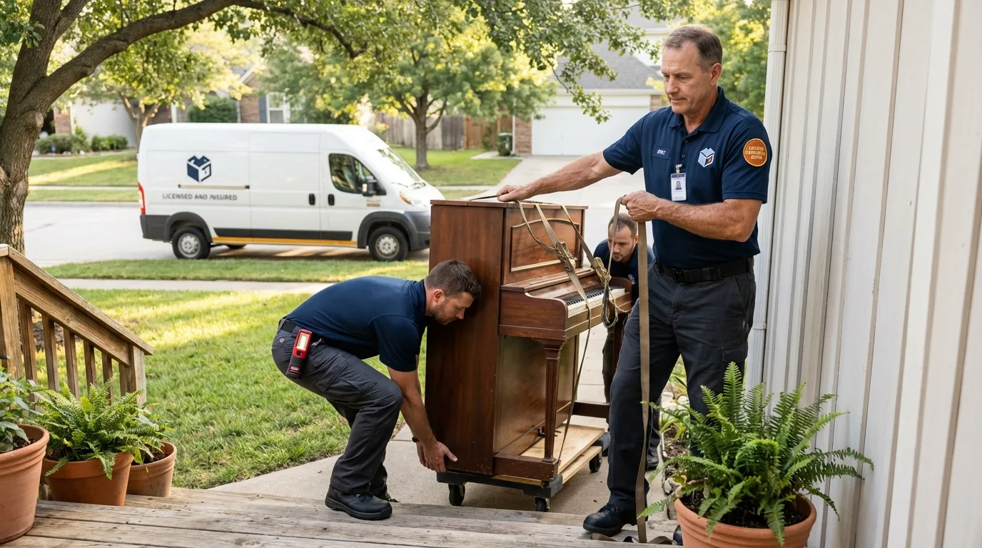 Licensed piano movers securing grand piano in Williamstown, MA