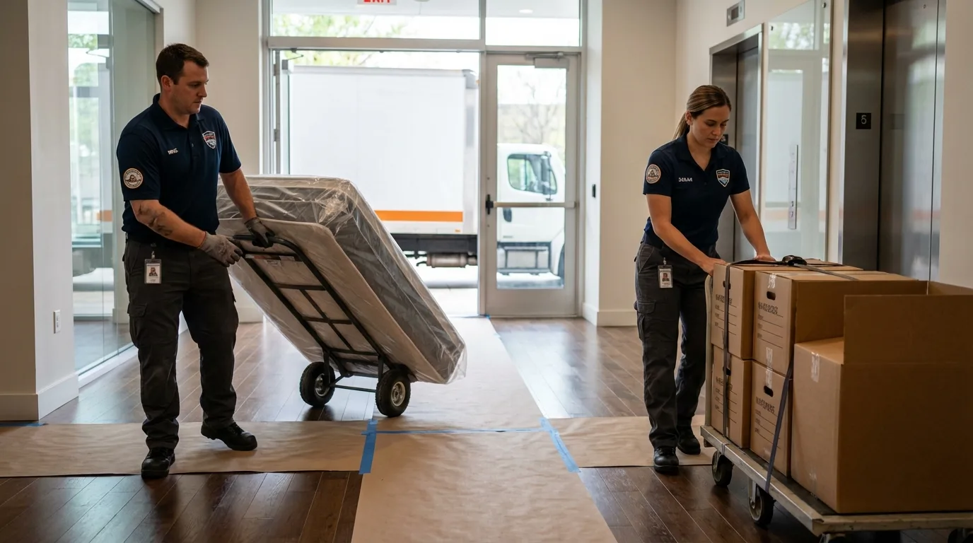 Professional apartment movers loading elevator in Williamstown, MA