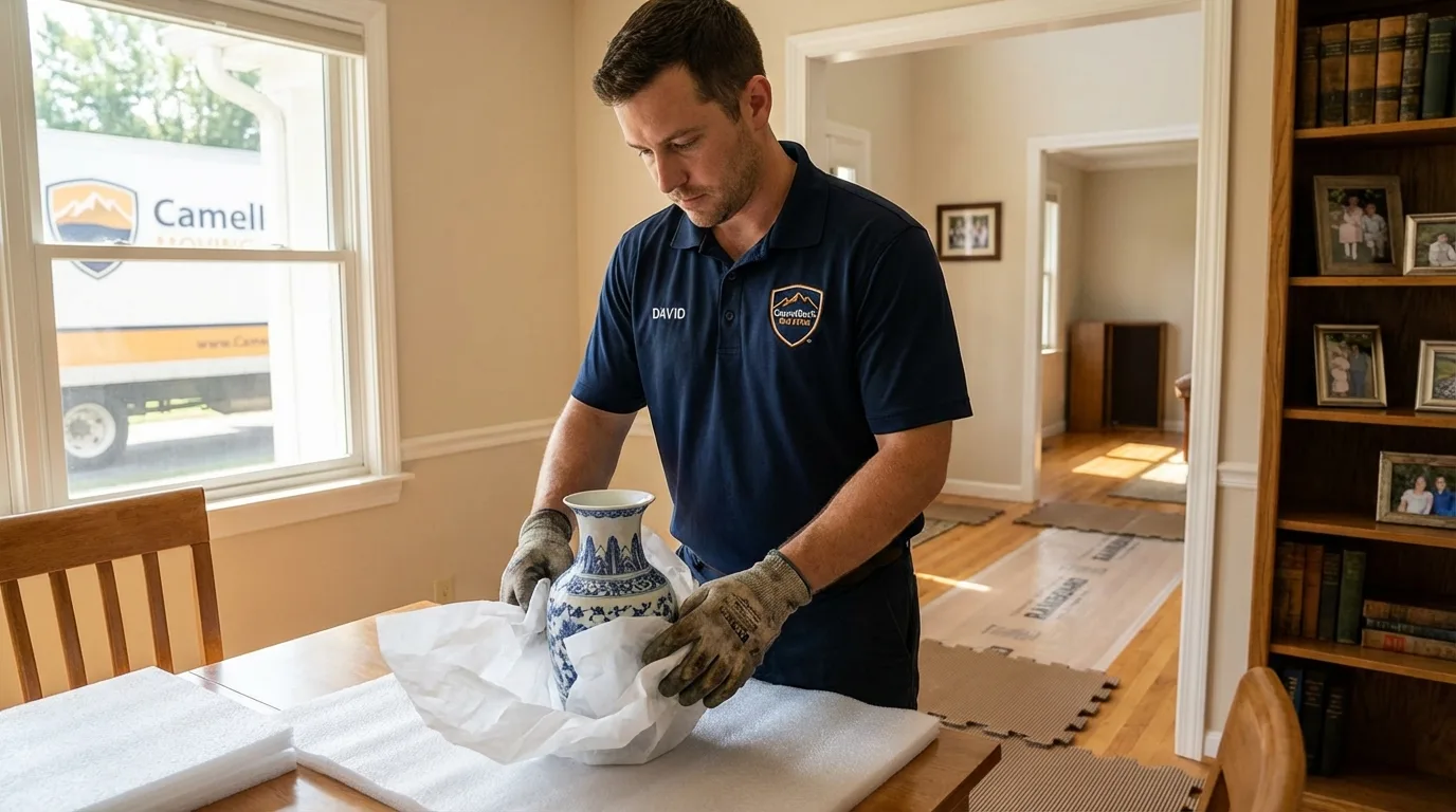 Professional crew carefully wrapping antique vase for senior downsizing move in Williamstown, MA